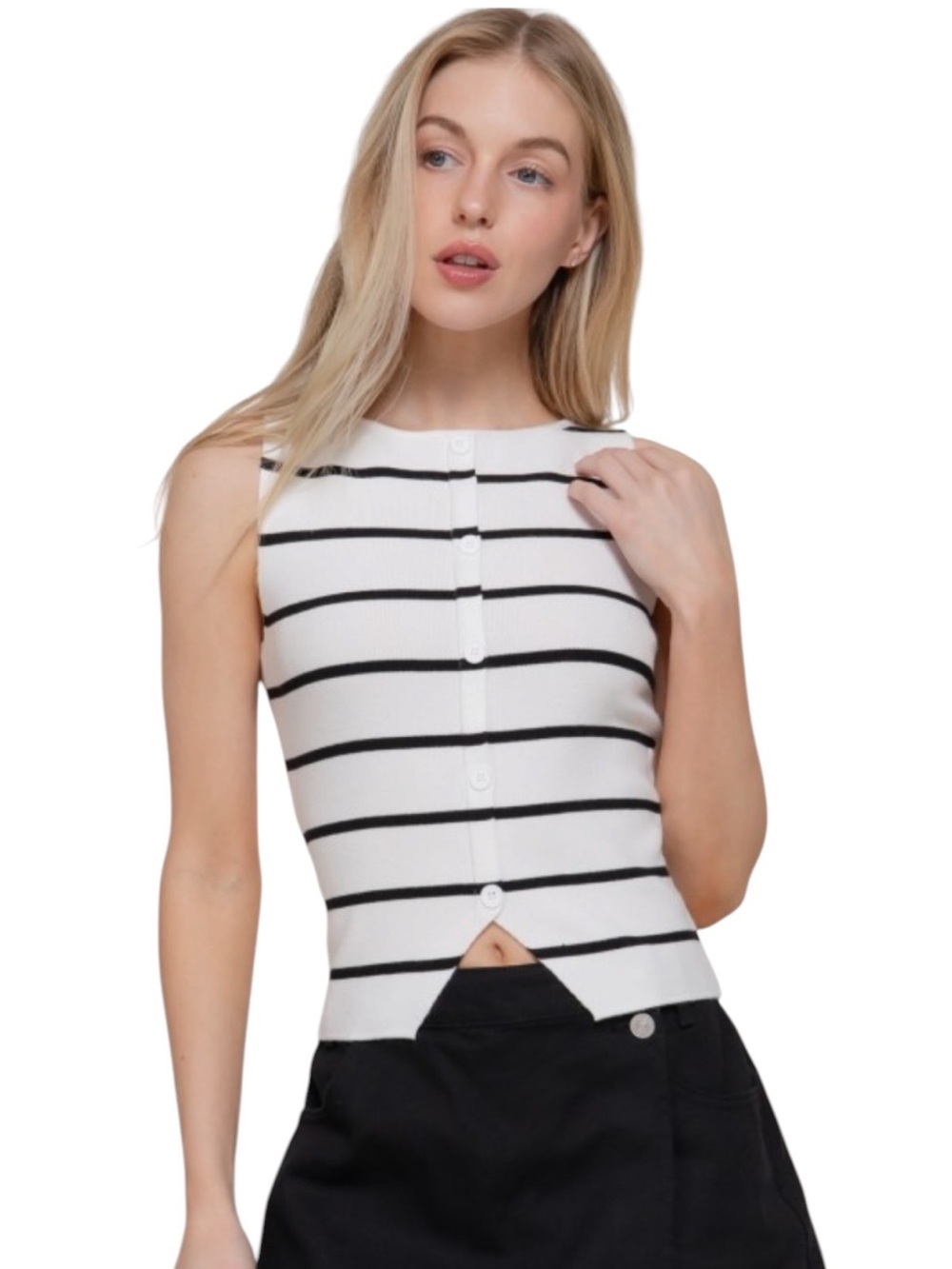 619. Sleeveless White & Black Striped Button Front Knit Top